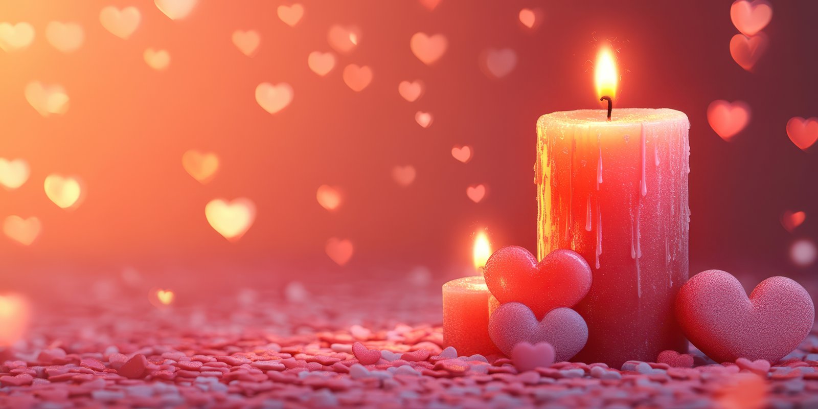 Candles and heart-shaped decorations create a romantic atmosphere for a special celebration